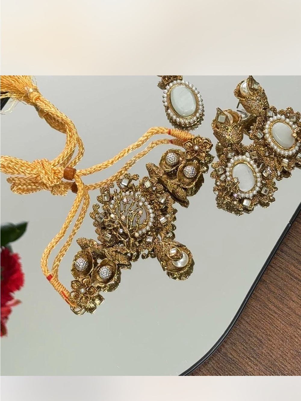 Antique Gold-tone 
Necklace with White Stone Accents Pakistani bridal jewelry.